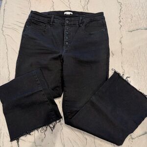Good American Black Exposed Button Fly Frayed Mini Boot Jeans 14/32